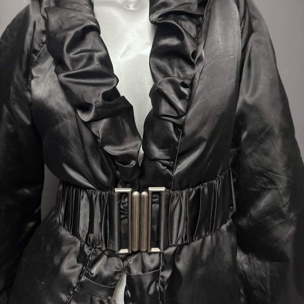 Bebe Vintage Y2K Black Satin Belted Long Coat - Picture 6 of 6